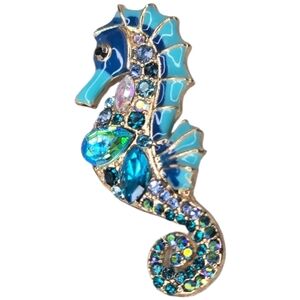Seahorse Blue Aqua Brooch Pin Rhinestone Whimsical Summer Coastal Beachy Ocean
